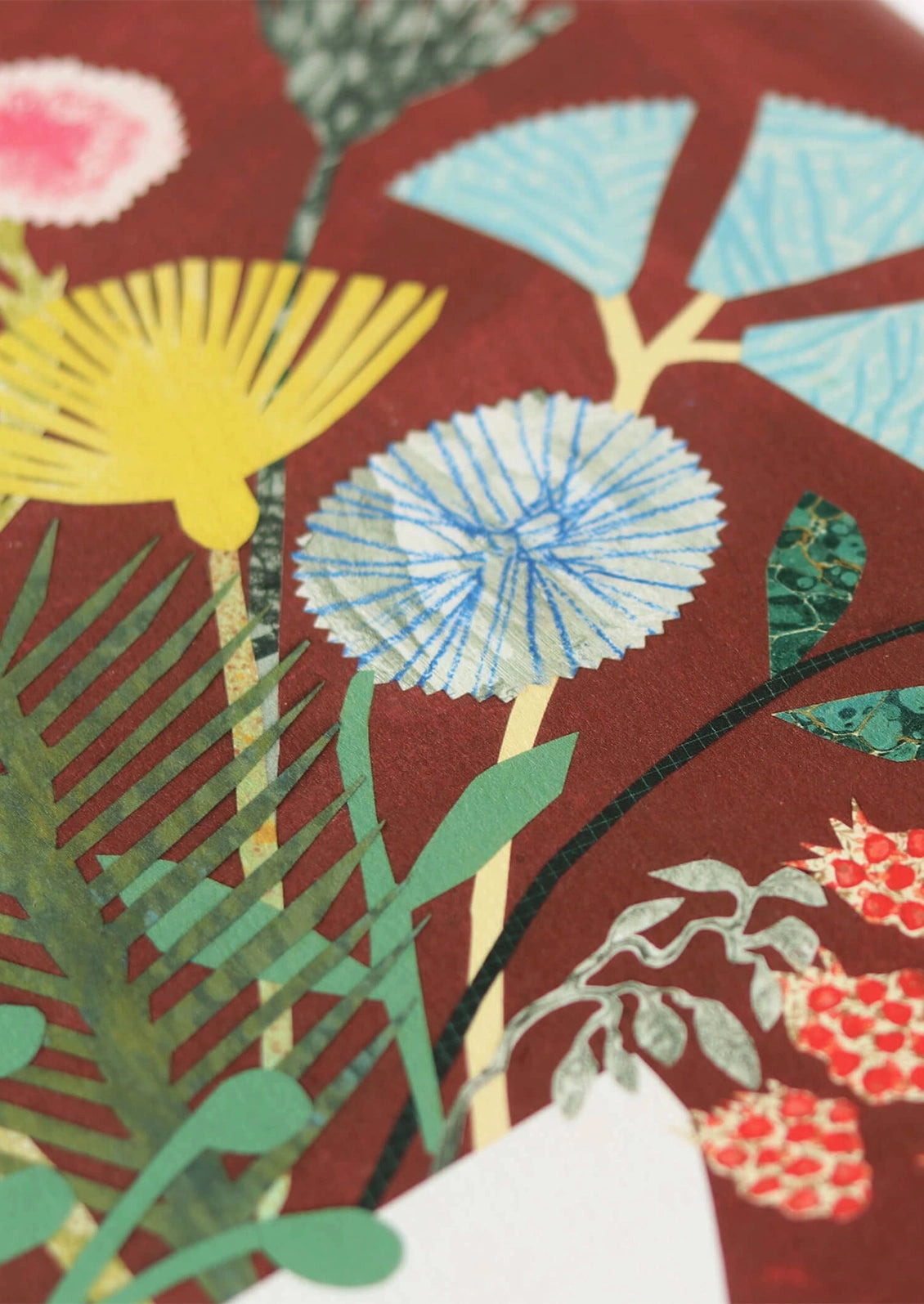 An art print featuring an abstract depiction of a colorful bouquet of flowers on a burgundy background.