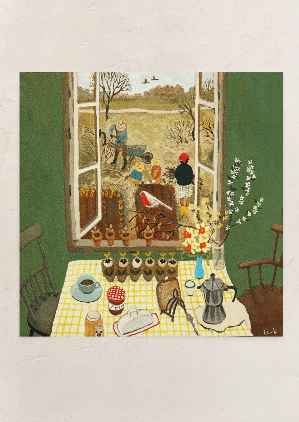 An art print of a countryside setting, picturing open window with farm scene and kitchen table.