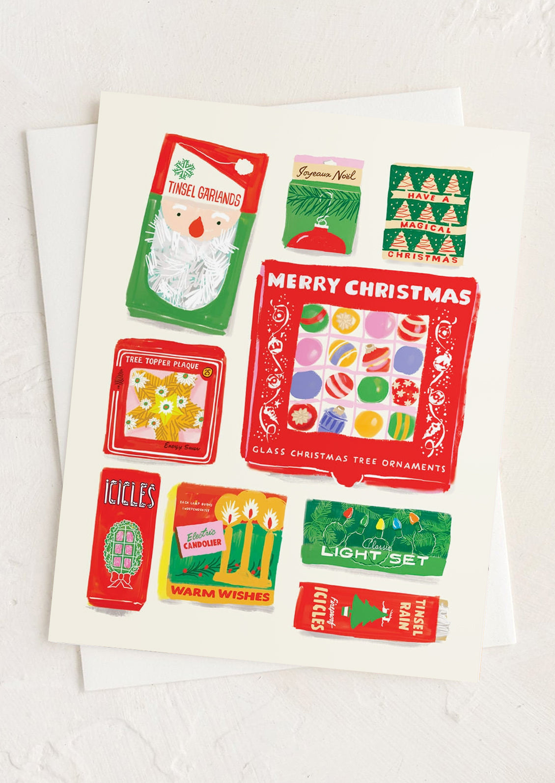 A Christmas card with festive illustrations such as Santa, ornaments, Christmas trees, candles, and holiday text like 'Merry Christmas' and 'Warm Wishes'.