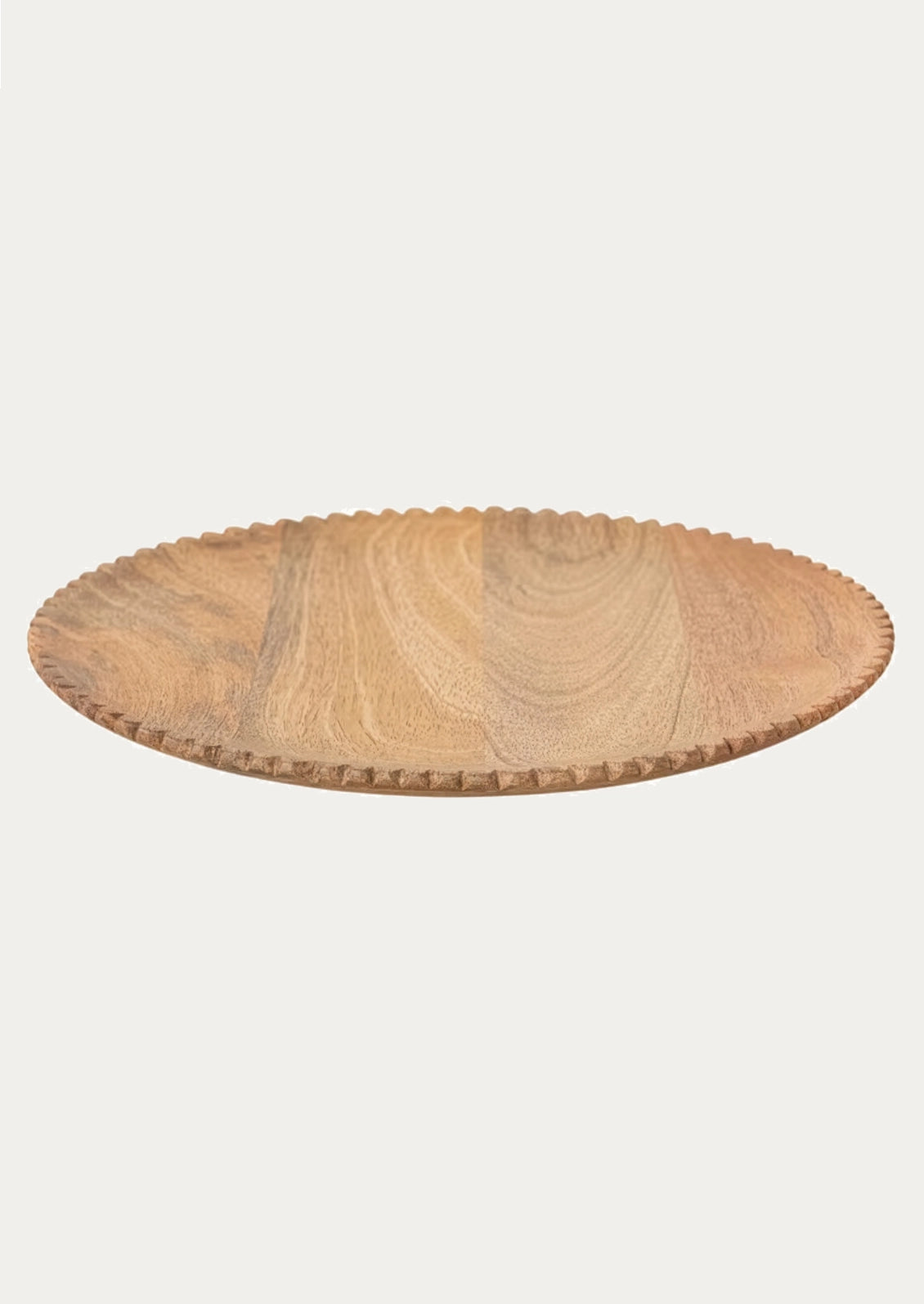 An wooden serving tray with a scalloped edge and a natural wood grain pattern.