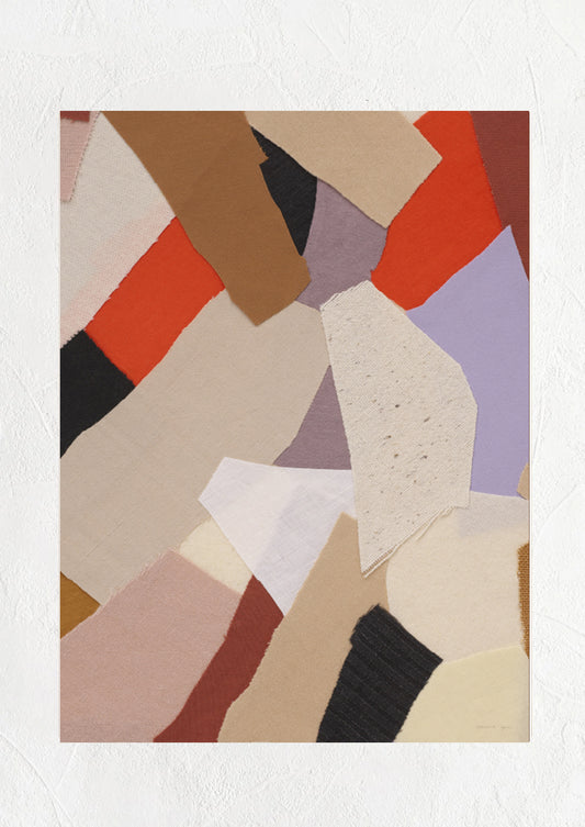 An art print of ripped layers of fabric layered on top of each other, in mix of colors.