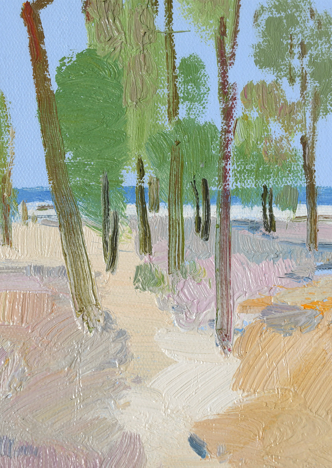 Impressionistic landscape painting of a sandy path lined with tall trees leading toward a blue sea under a pale sky, rendered in soft brushstrokes of green, beige, tan, pink, and blue.