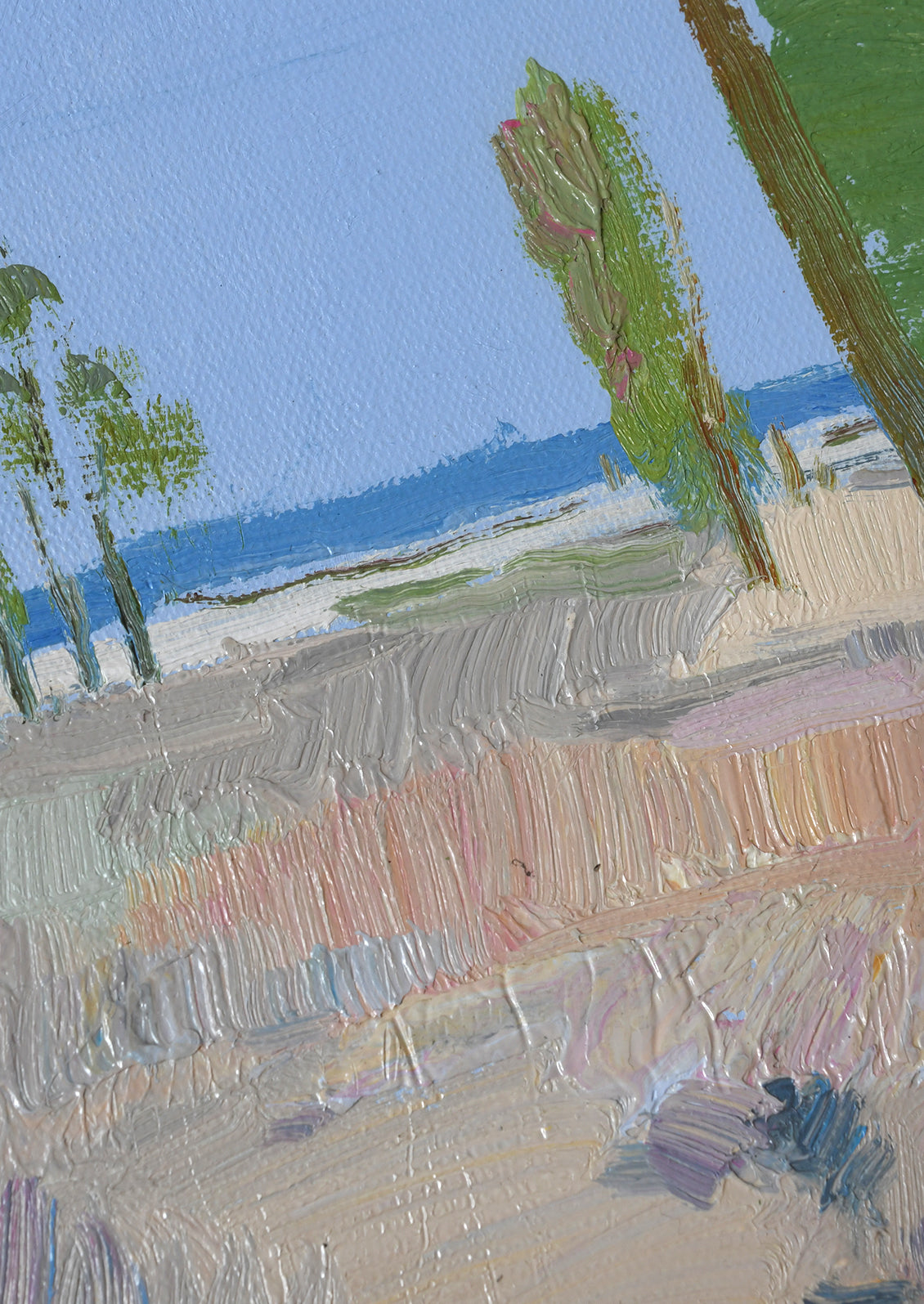 An impressionistic landscape painting showing a beach scene with blue sky, sea, green trees, and sandy shore rendered with thick textured brushstrokes.