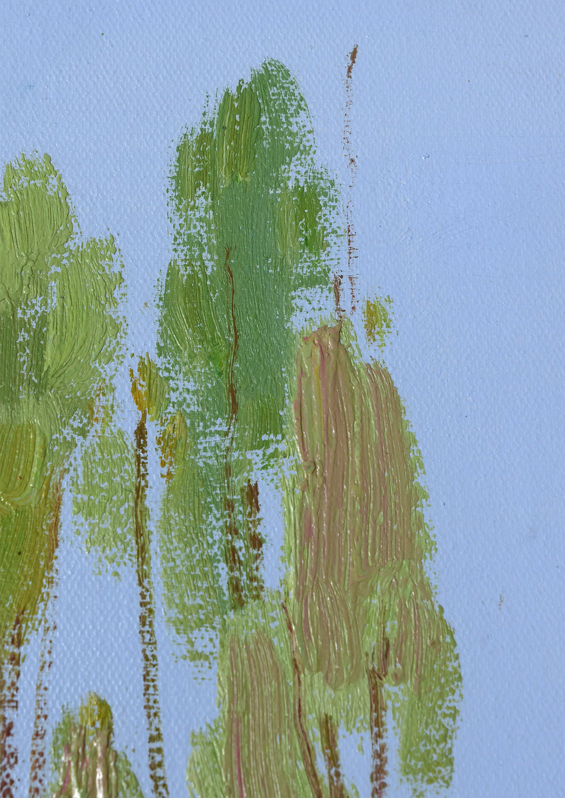 A close-up of an oil painting showing textured brushstrokes of green and brown trees against a light blue sky.