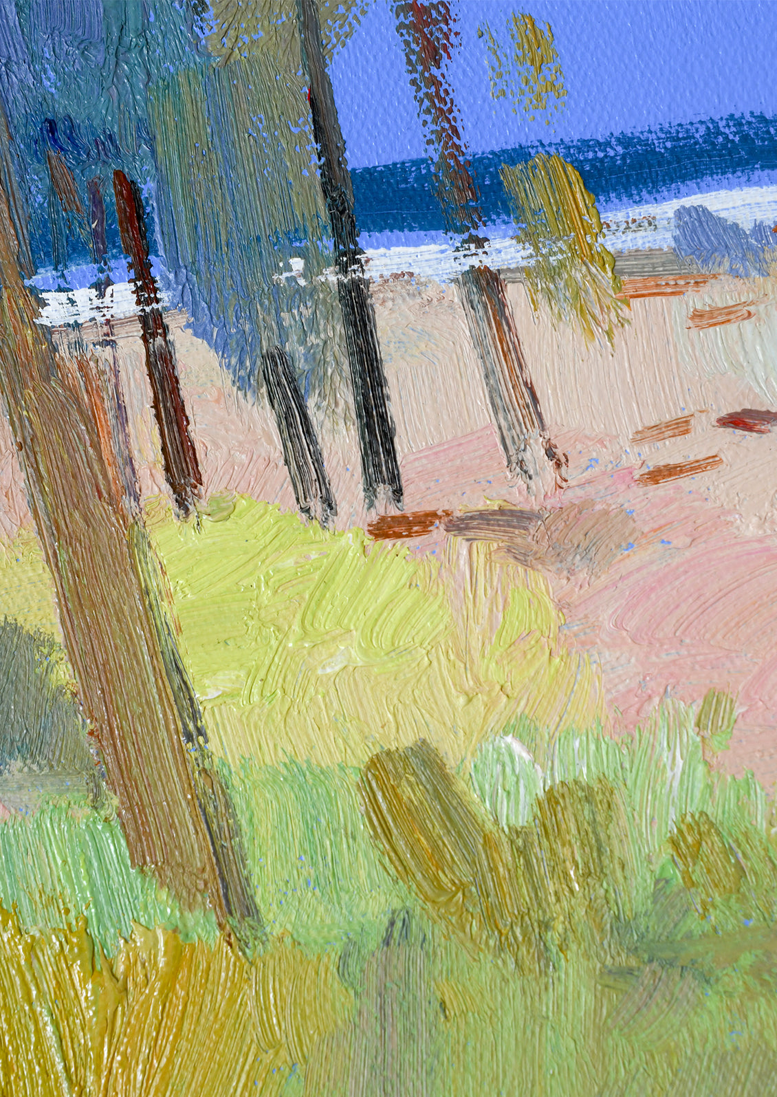 Impressionistic oil painting of a beach scene with palm trees, sandy shore, blue ocean, and green grass, showing visible brushstrokes and textured paint.