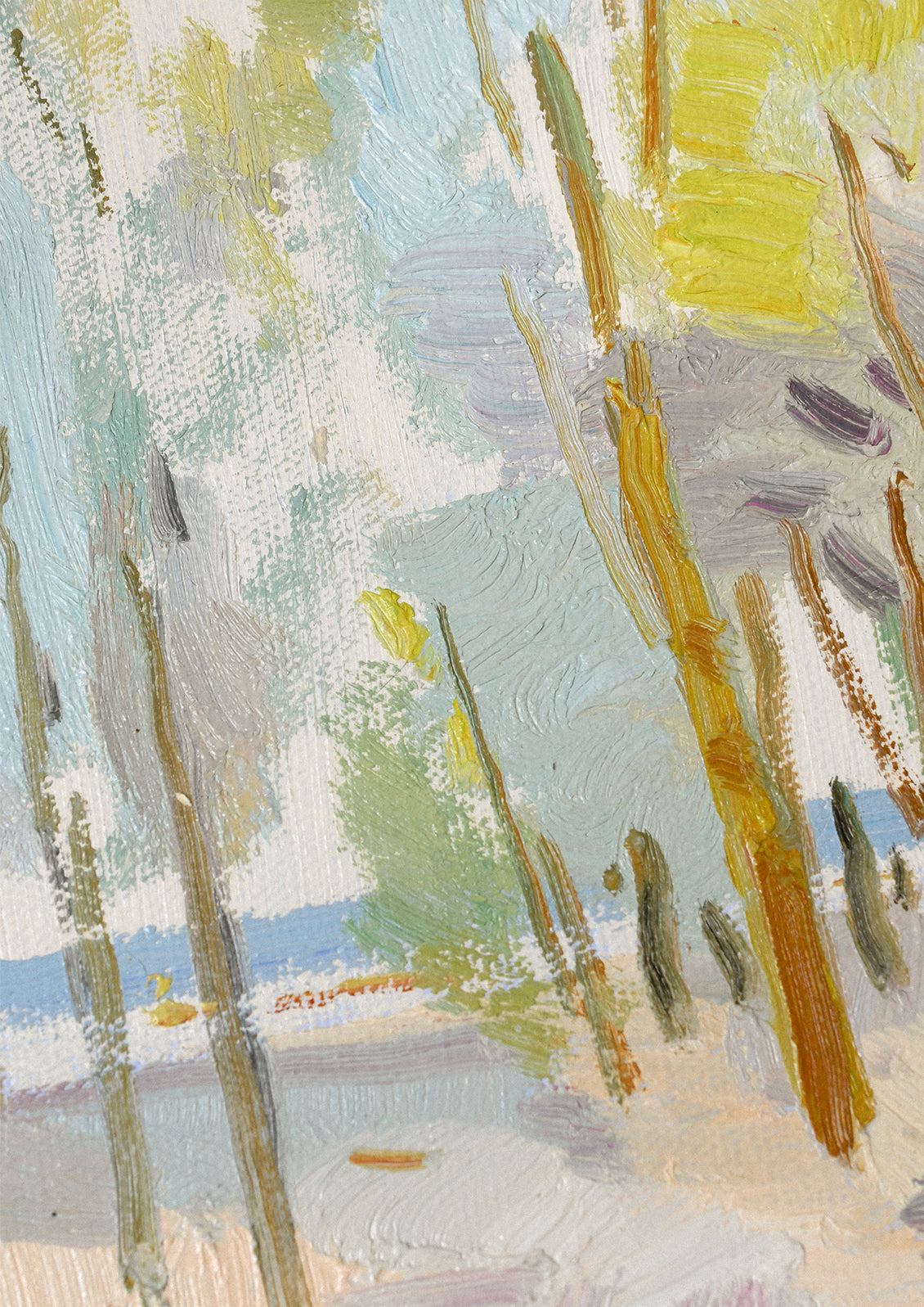 Close-up showing the abstract paint texture of an oil painting.