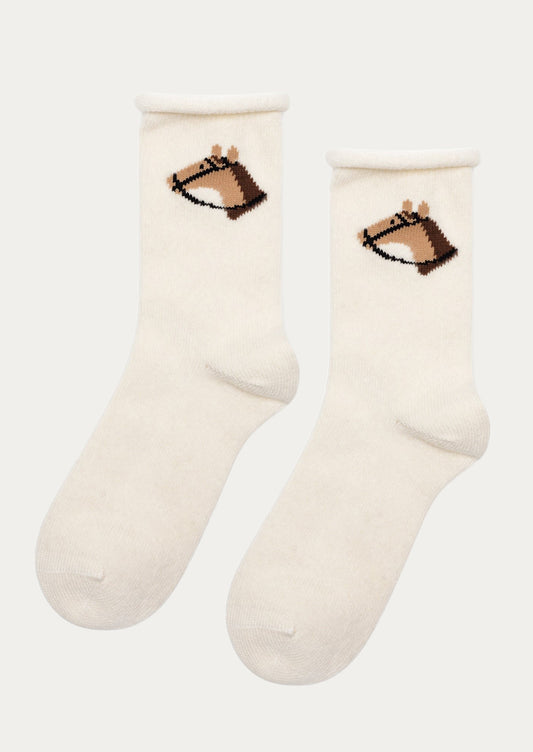 A pair of ivory crew socks featuring the head of a brown horse.