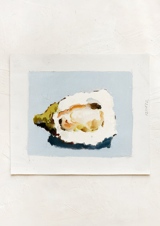 An oil painting on unstretched canvas of still life oyster on blue background.