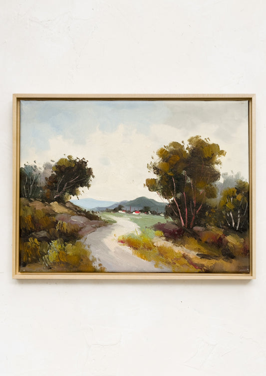 An original landscape oil painting depicting a path between trees.