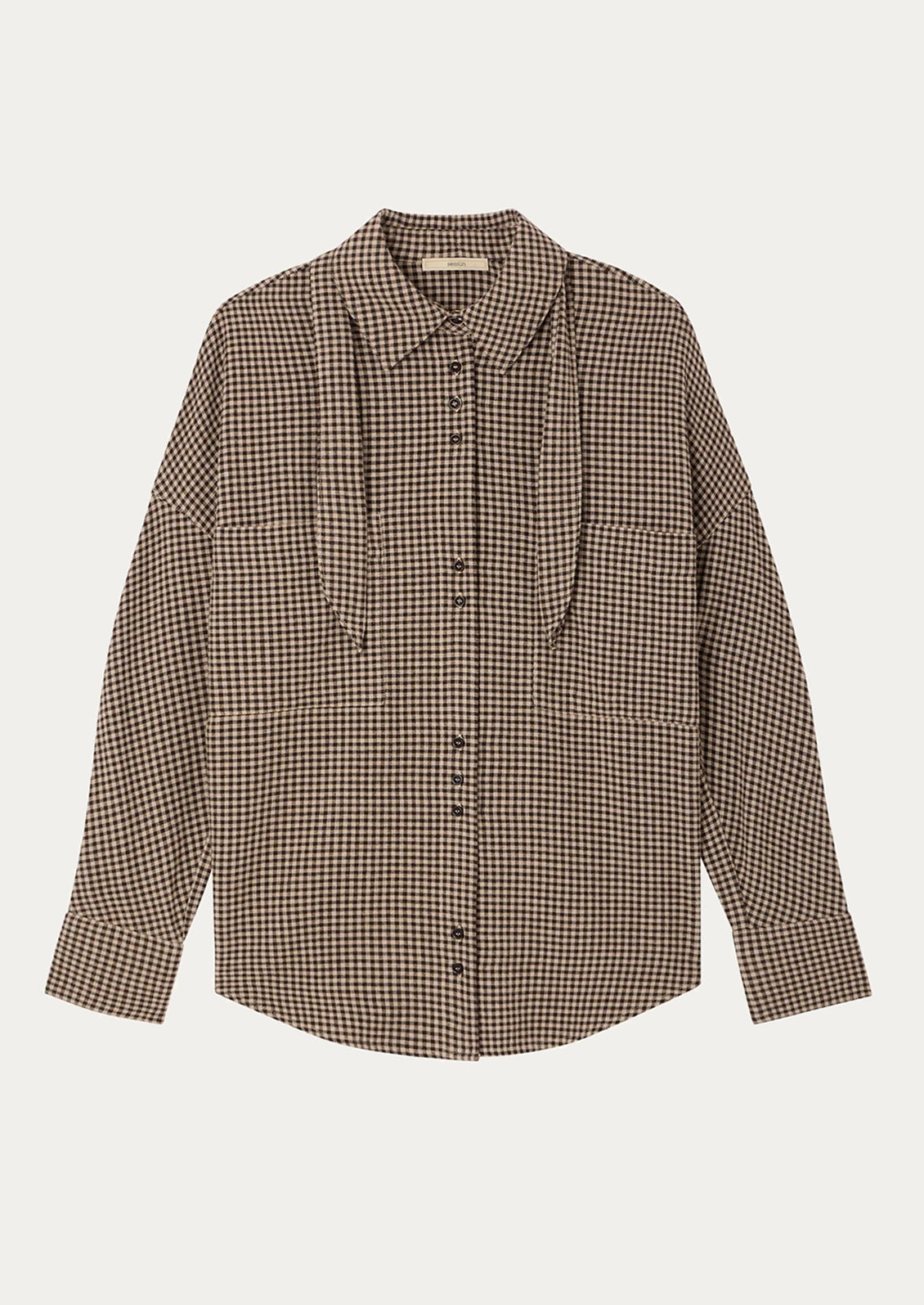 A brown and beige gingham long-sleeve button-up shirt with a tie-neck detail, displayed flat against a light off-white background.