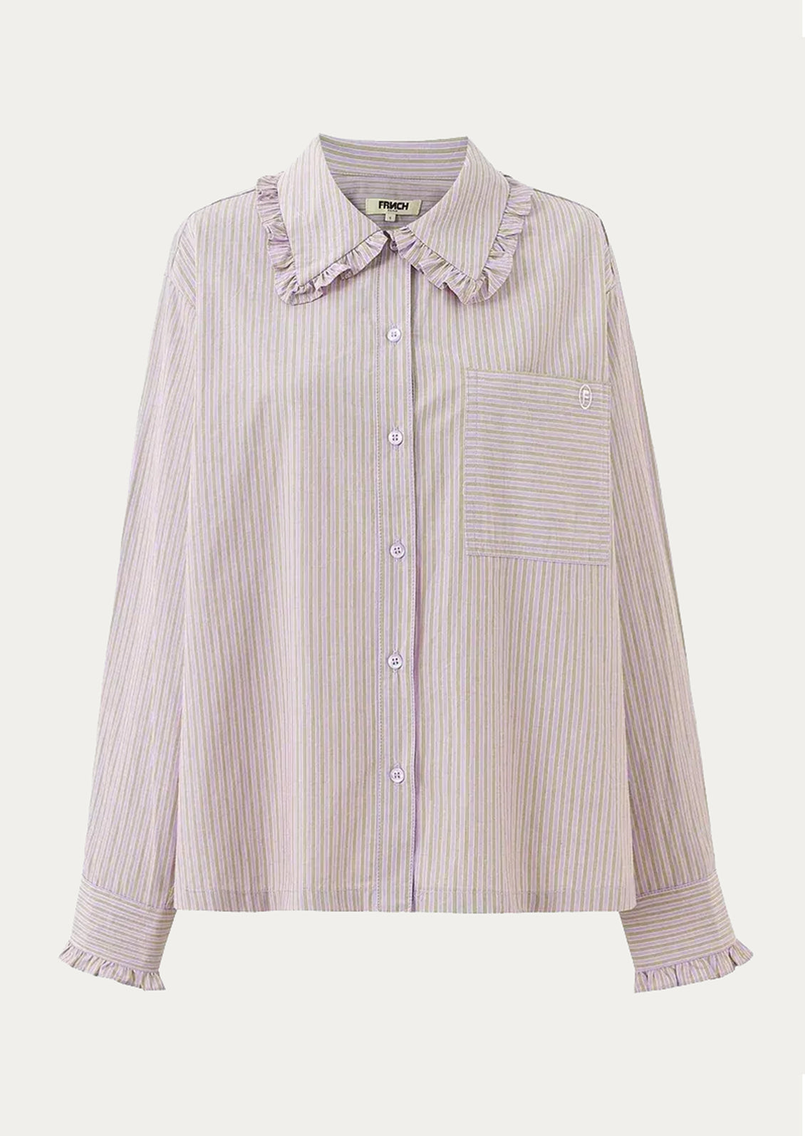 A long-sleeve button-up shirt with vertical light purple and white stripes, featuring a ruffled collar and matching ruffles on the cuffs, shown against a light off-white background.