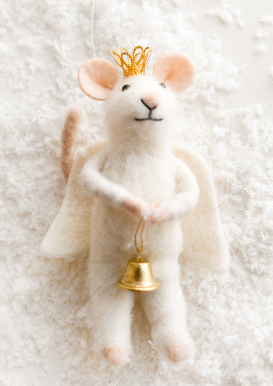 A felted mouse ornament dressed up as an angel.
