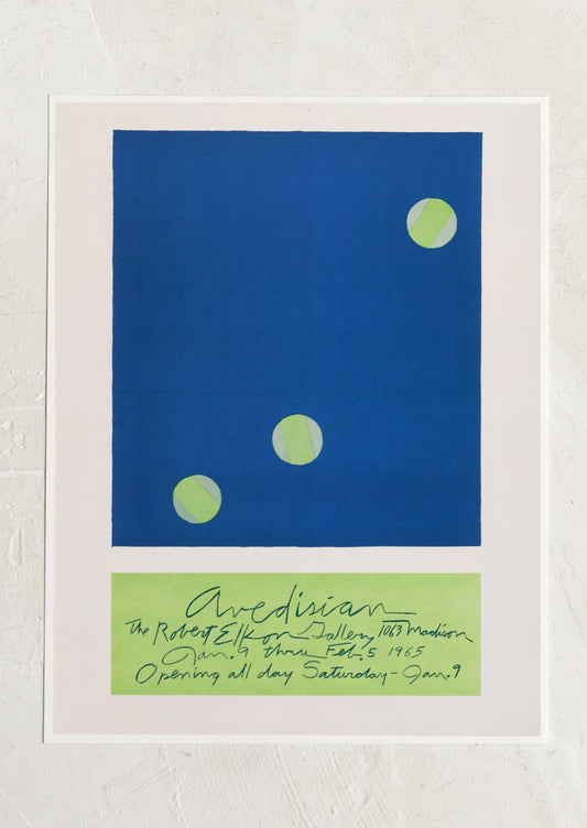 An art print in blue and green resembling vintage art exhibition poster.