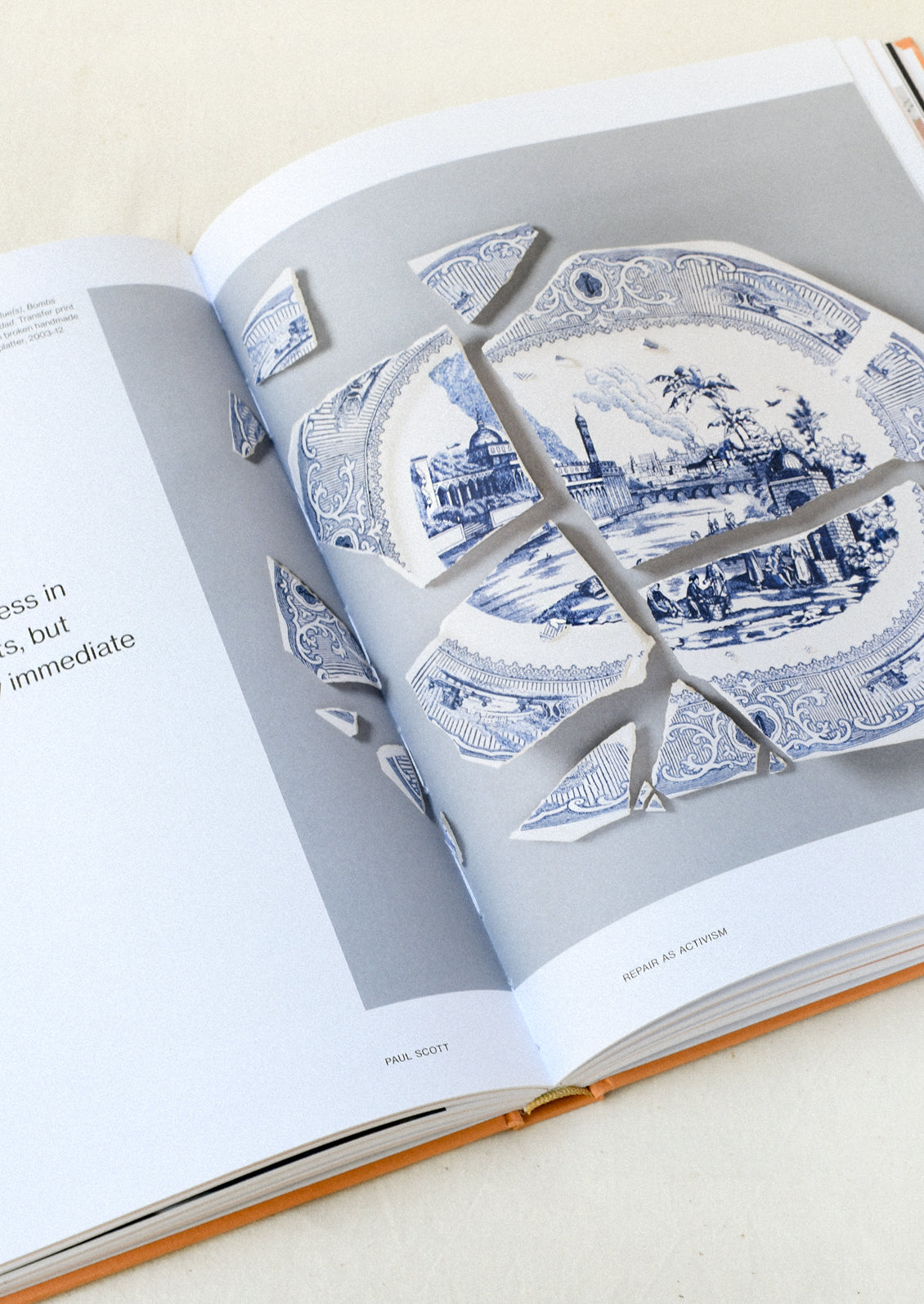 A book open on a table showing a page with an image of a broken blue china dish.