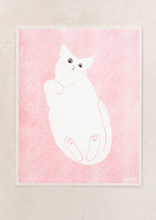 A risograph art print with pink background and white cat.