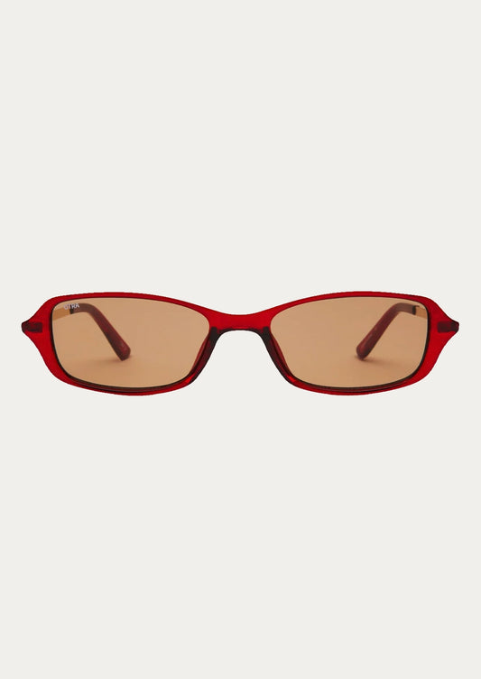 A pair of square sunglasses with a cherry brown frame and brown lenses.