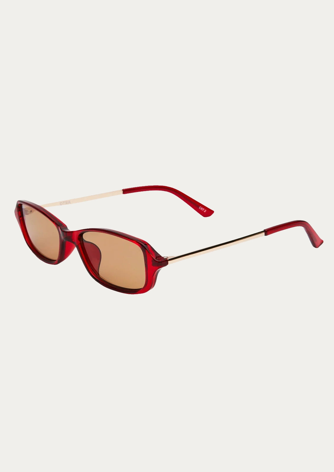 A pair of square sunglasses with a cherry brown frame and brown lenses.