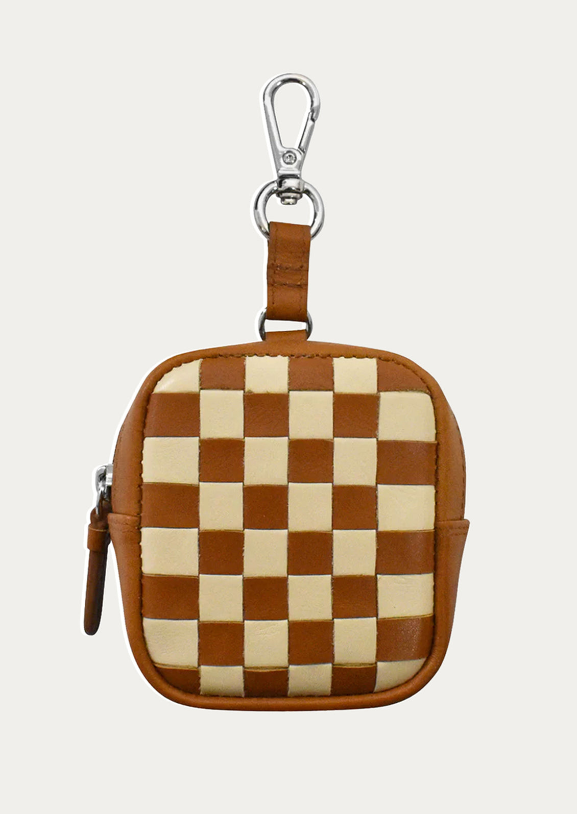 A brown and cream leather coin pouch with a checkerboard pattern.