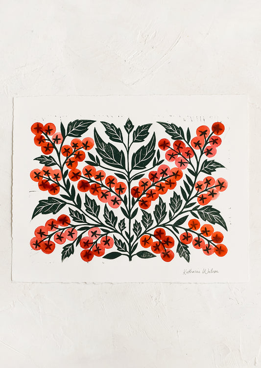 A woodcut art print of cherry tomatoes.