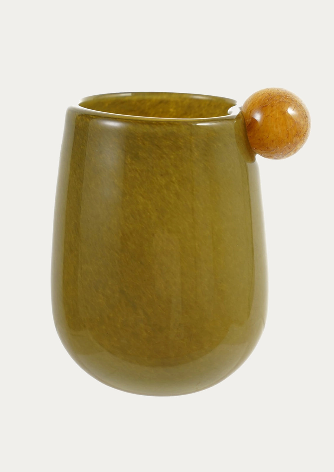 A glossy olive green glass vase with a small contrast colored ball handle on the side.