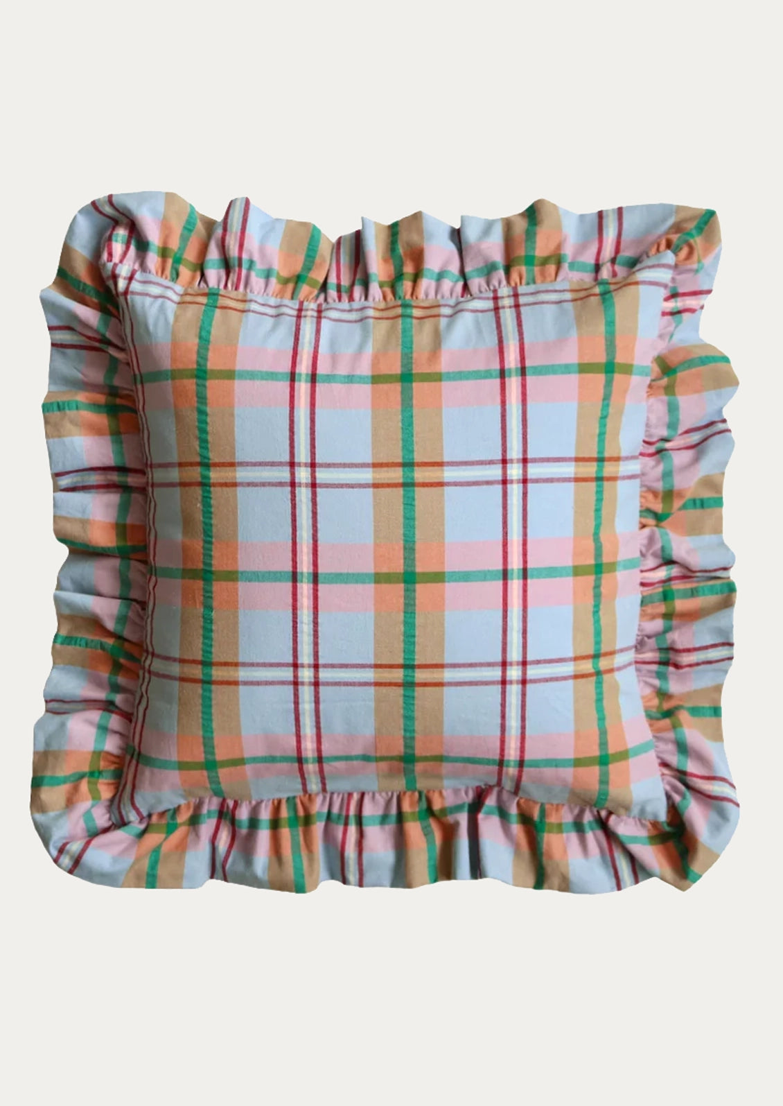 A square decorative throw pillow with a ruffled border, featuring a pastel plaid pattern in light blue, peach, orange, and green on a light gray background.