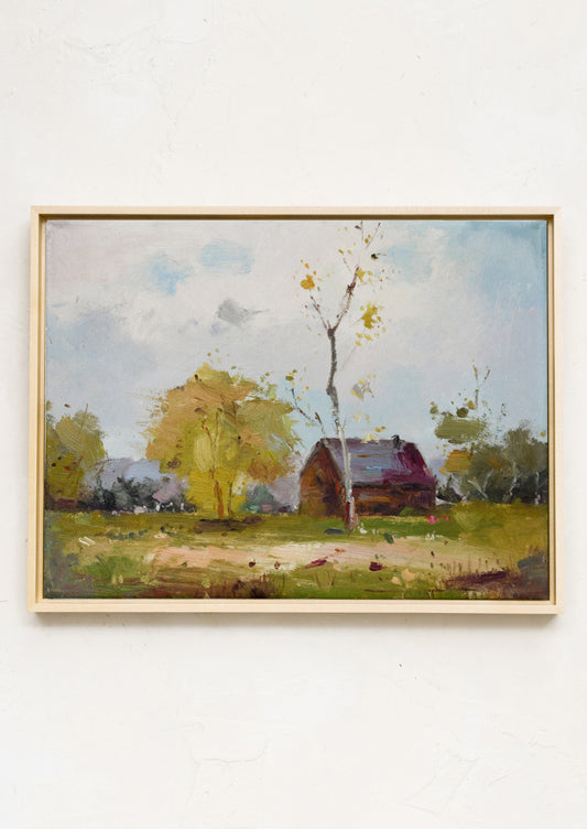 An original landscape oil painting of a countryside setting with a barn-like structure.