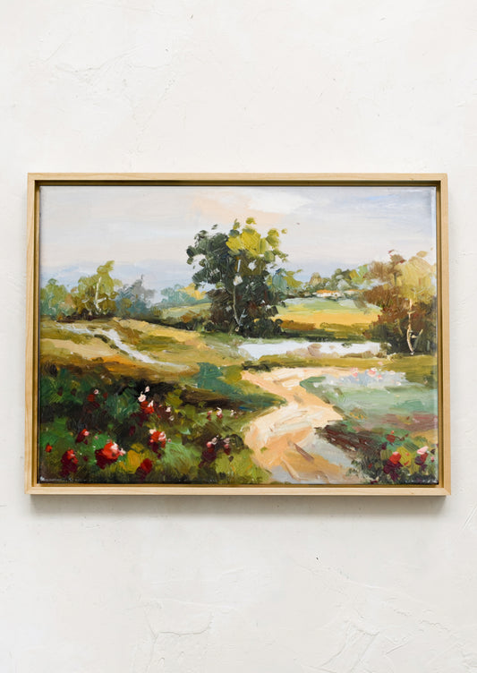 A framed original oil landscape painting depicting a path through a countryside setting.
