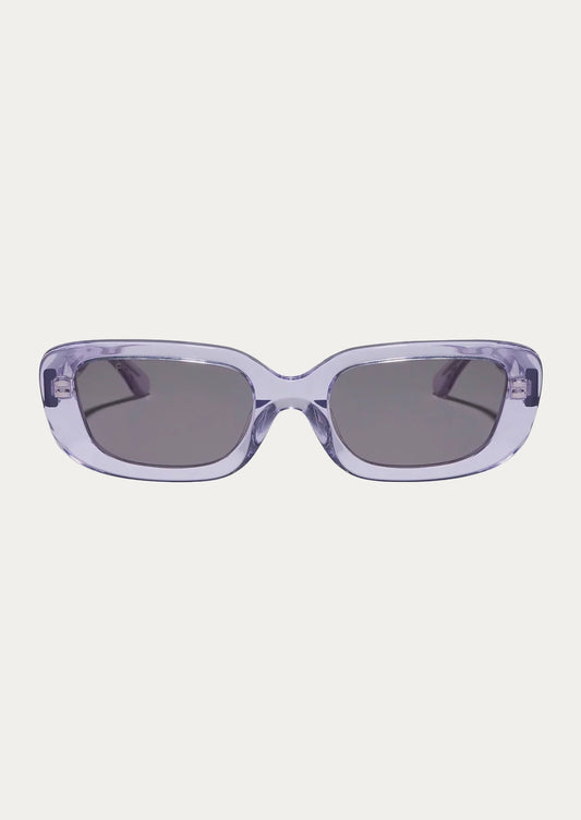A pair of rectangular sunglasses with clear lilac colored frames.