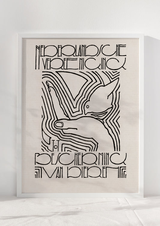 An art print inspired by vintage art exhibition poster, with depiction of bird in hand.