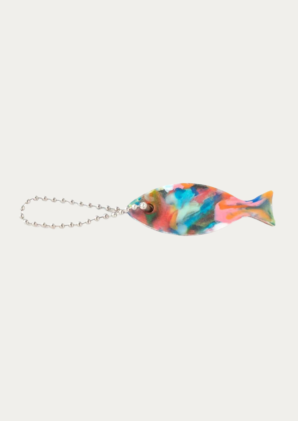 A colorful fish charm on a silver beaded chain.