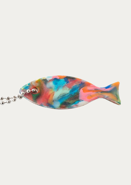 A colorful fish charm on a silver beaded chain.