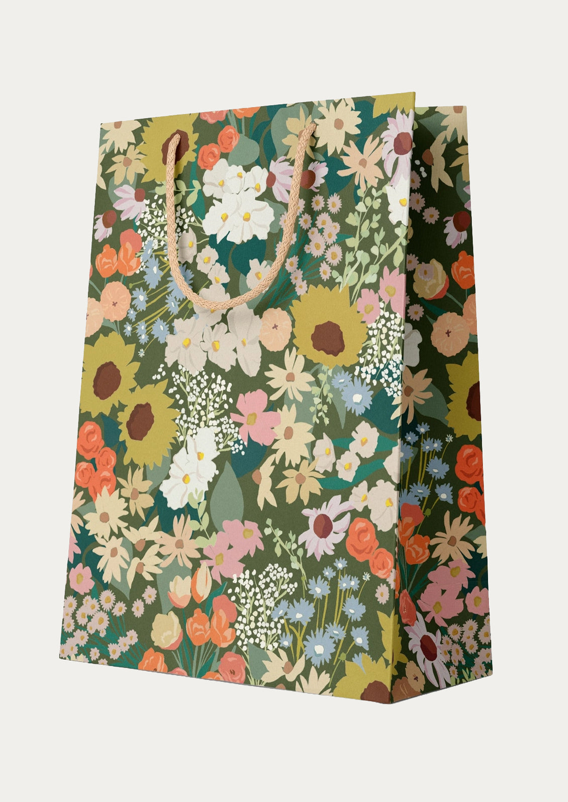 A printed gift bag with colorful allover flower print on olive green background, with peach colored rope handle.