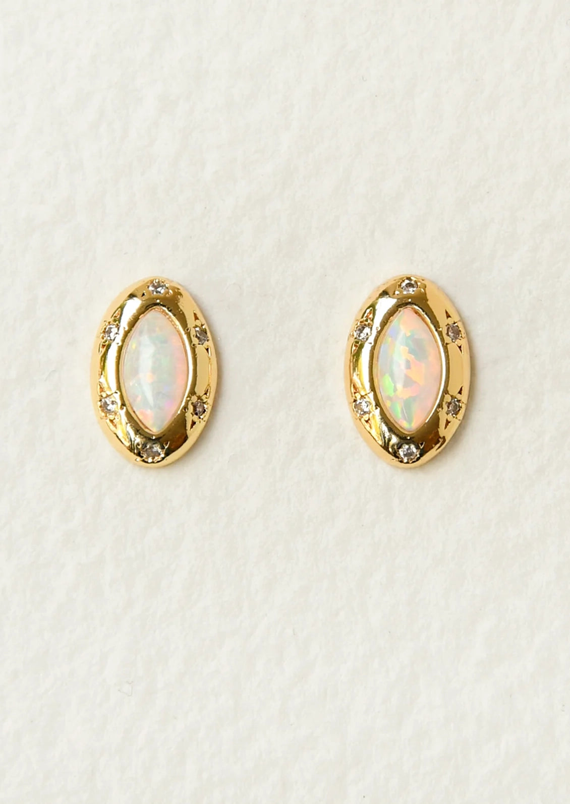 A pair of gold earrings with opals in the center surrounded by tiny cubic zirconia gems