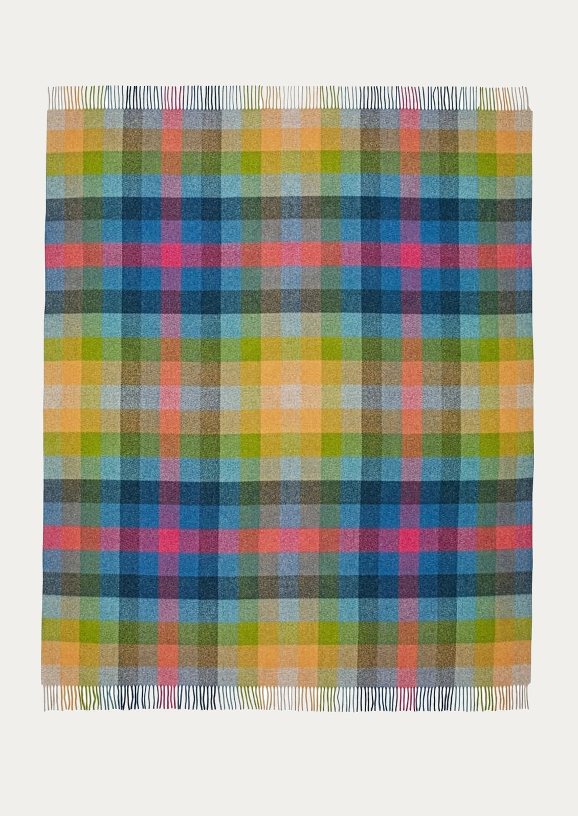 A throw blanket fringed edges, featuring a multicolor checkered pattern of blue, green, yellow, pink, and orange.