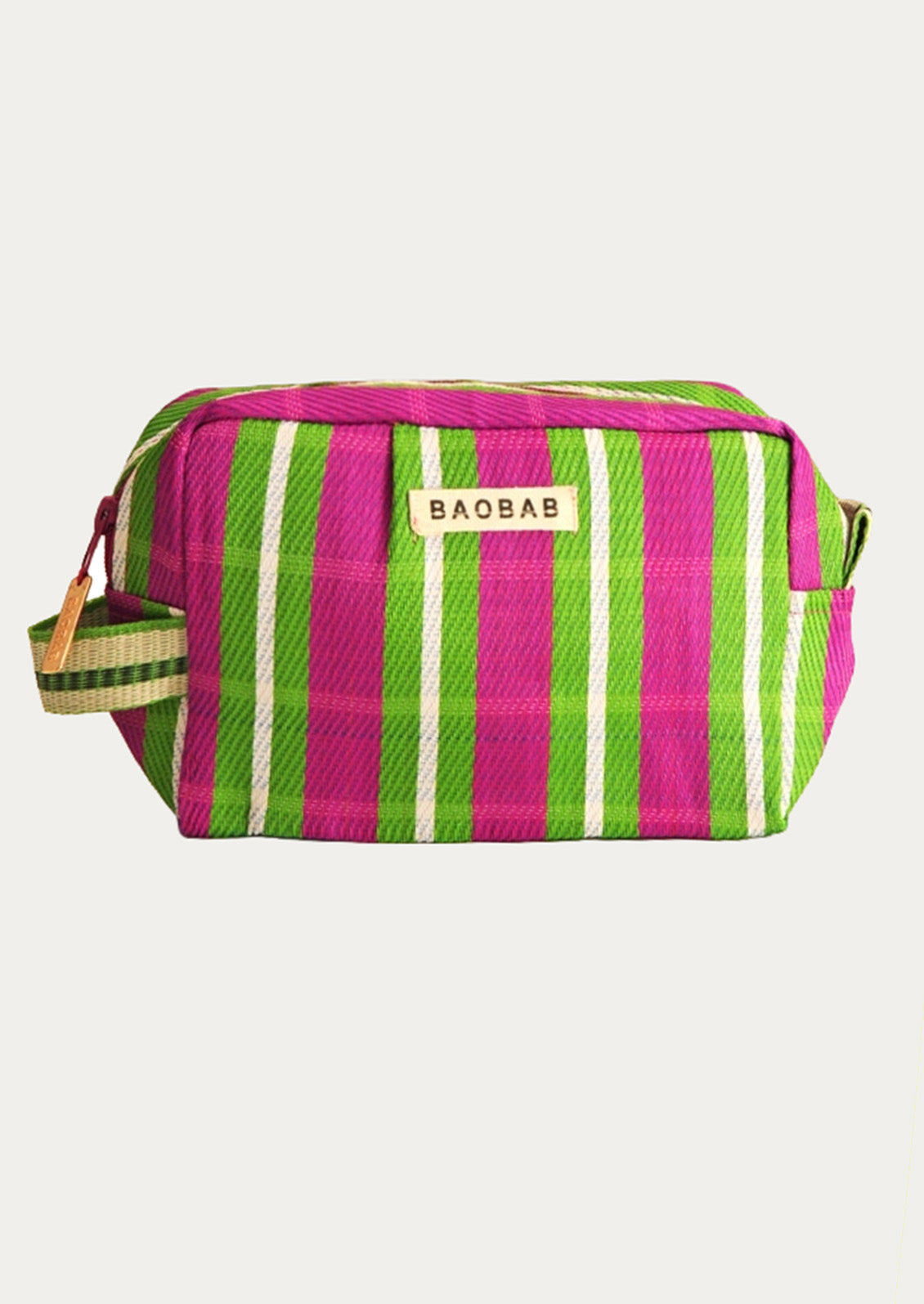 A rectangular toiletry bag with a vibrant pink, green, and white striped plaid pattern, featuring a beige brand label that reads 'BAOBAB' on the front, set against a plain light gray background.