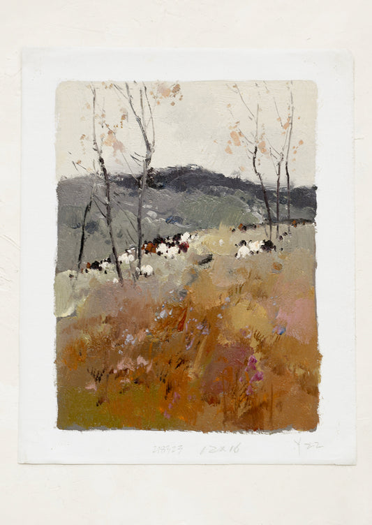 An original oil painting depicting a herd of sheep on a hill.