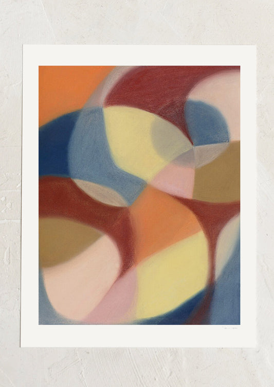 An abstract art print of swirling geometric shapes in a muted color palette.