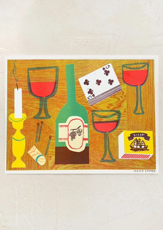 A risograph art print of a collection of objects (wine, candlestick, playing cards, matches).