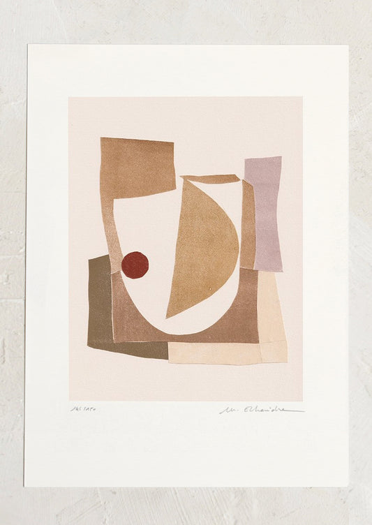 An abstract art print featuring abstract shape formation in tones of brown and cream.
