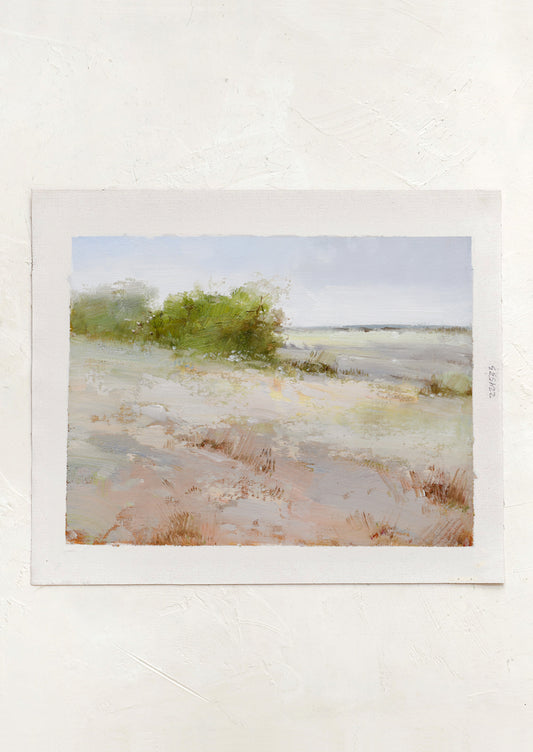 An oil painting of a tree by a marsh, in pastel hues.