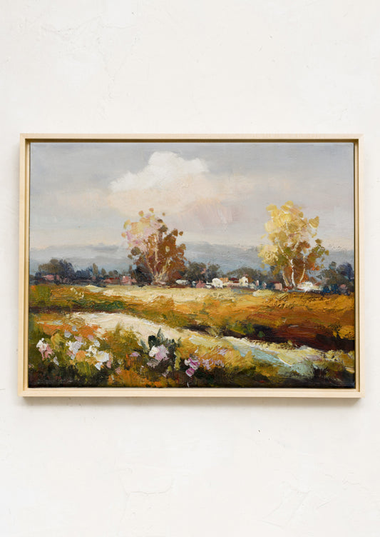 An original oil painting depicting a country landscape scene.