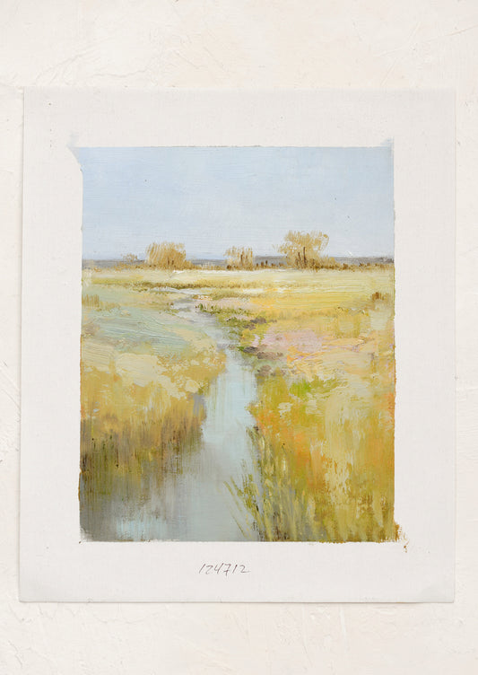 An original oil painting of a colorful meadow with blue stream running through it.