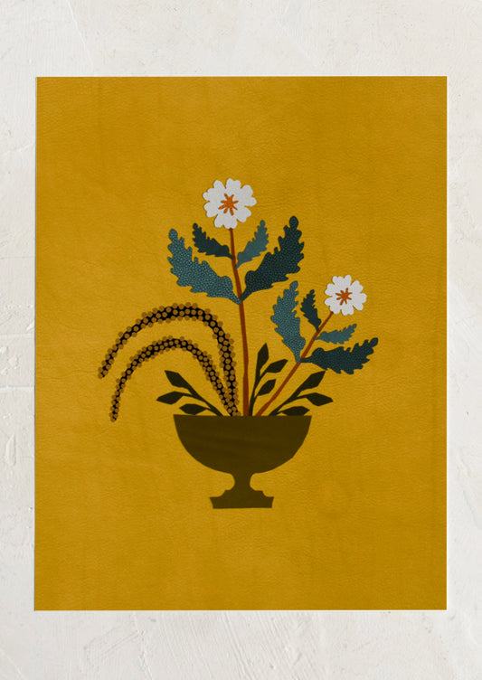 An art print of a paper cut collage flower arrangement on textured ochre background.