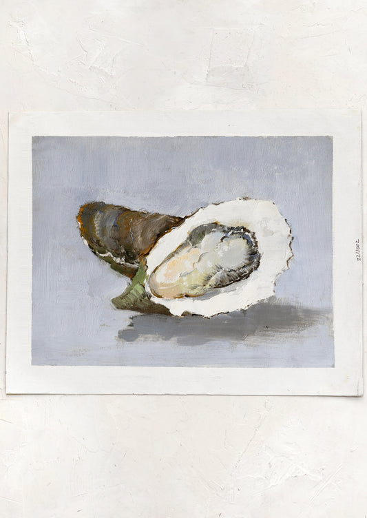 An original oil painting of oysters on blue-grey background.