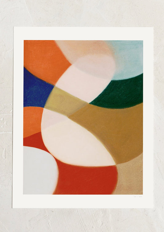 An abstract art print with swirling geometric shapes in bright colors.