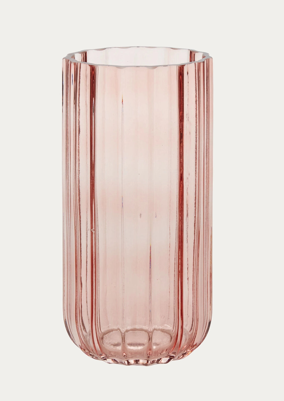 A tall, fluted glass vase in a translucent dusty rose pink color.