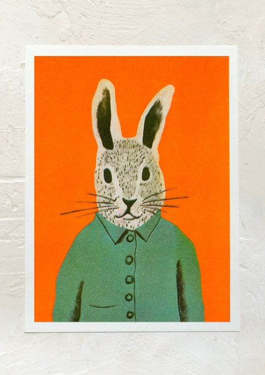A risograph art print with rabbit dressed in clothes, on neon orange background.