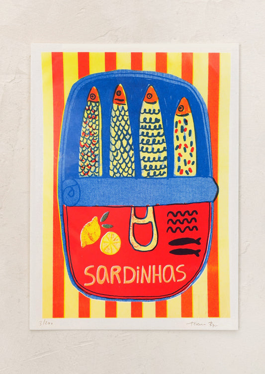 Illustration of a blue and red sardine tin on a yellow and red striped background.