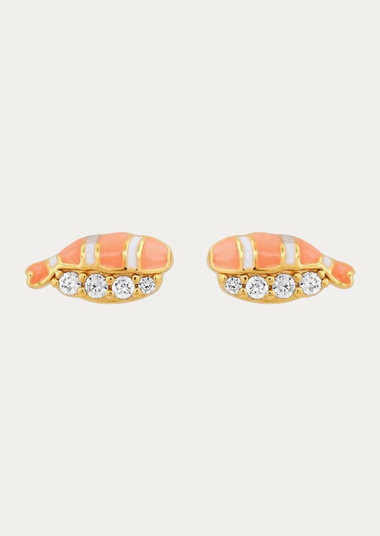 A pair of stud earrings with sashimi on them and cubic zirconia gems.