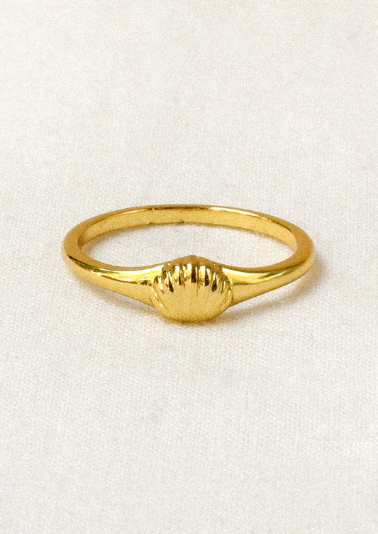 A gold ring with a tiny gold seashell on the front.